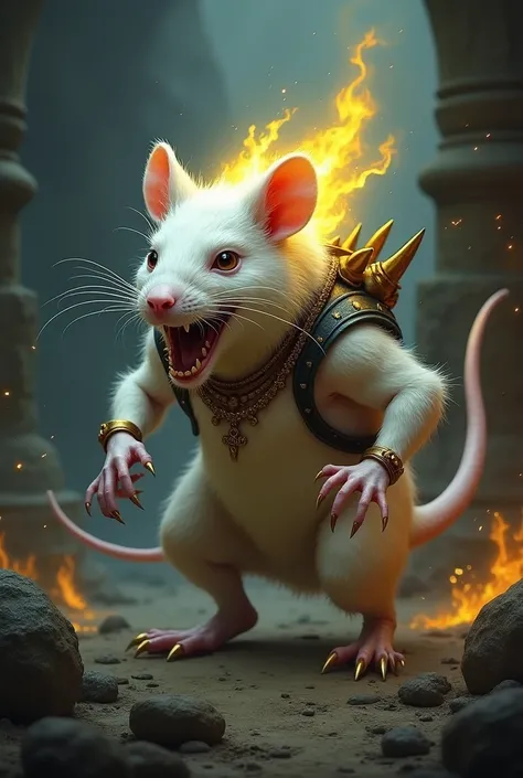 Dungeon white rat, 3 tails, hairy, ready to fight, yellow flame from body , long nails, with fangs and horns on the back, royal neckless and seddle