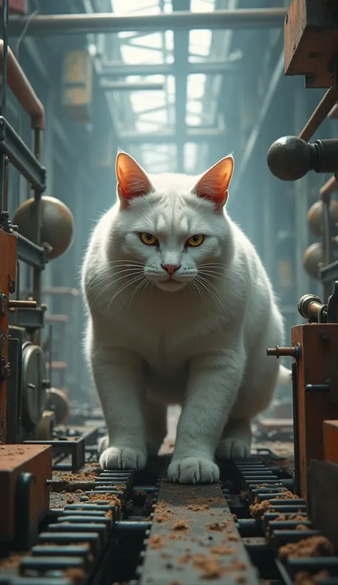 Muscular white cat works in building factory