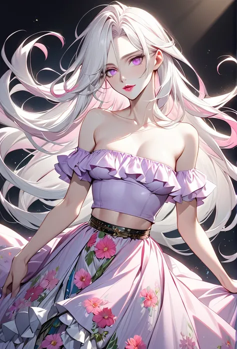 Male, with very long white hair, with long hair, with light pink eyes, pale skin, he is wearing a light purple ruffled top, with a very long flowery skirt, he is flat chested like a man, he has pretty pink lips, has big boobs.