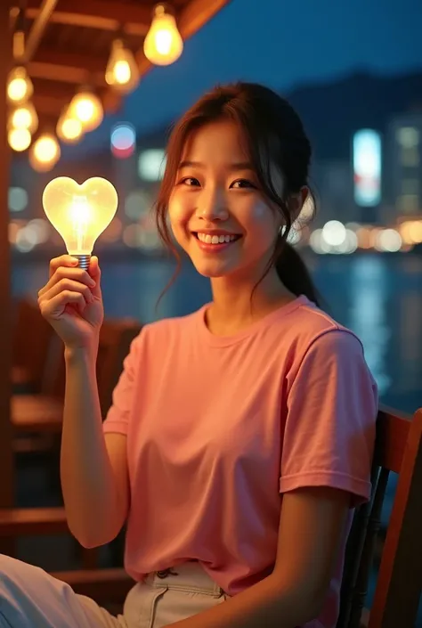 Half-body frontal photograph,Asian women,Tie your hair,smile,Wear a pink t-shirt and white pants.,The left hand holds a heart-shaped light bulb.,Sit on a wooden chair,Riverside,At night,There are light bulbs all around.,In the city,Realistic movies,Real pe...