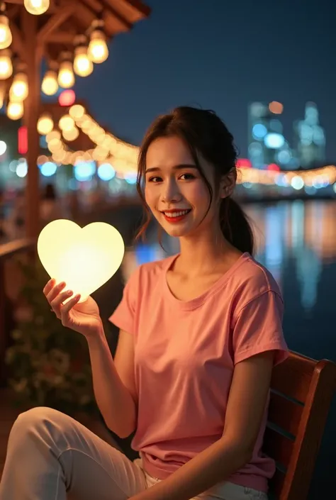 Half-body frontal photograph,Asian women,Tie your hair,smile,Wear a pink t-shirt and white pants.,The left hand holds a heart-shaped light bulb.,Sit on a wooden chair,Riverside,At night,There are light bulbs all around.,In the city,Realistic movies,Real pe...