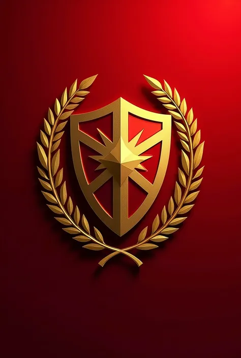 make a angular gold coat of arms with red background and gold laurels above with red background