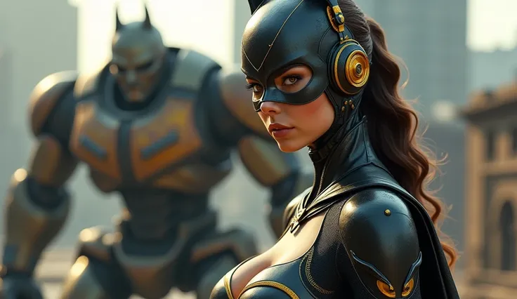 (Masterpiece.Uhd.photorealistic. Full body) Steampunk batgirl. Age 23. Epic cleavage. Round breast. Early morning light.blurry background. 1930 clunky and rusty giant evil war robot with glowing eyes in background.