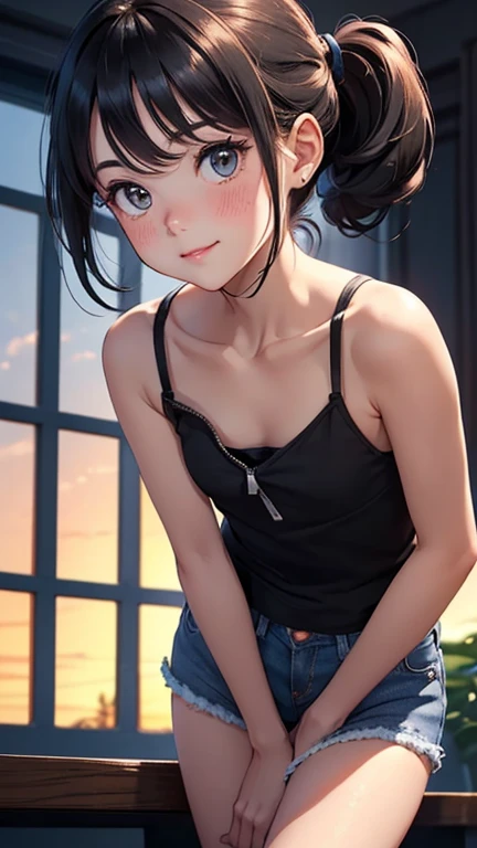 Board game high quality, Darling ，Black hair in two ponytails，very short stature，Very thin limbs，thin thighs，very small butt，flat chest，little children:1.3，Distressed Super Low Cut Denim Shorts{{Camisole}}，A shy smile in a state of ecstasy，blush，Cunning ge...