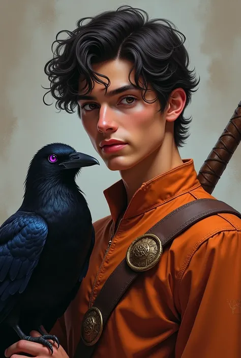 Young and attractive prince with coppery brown skin, dark, wavy hair not too long on the side, has a sword at his waist, your clothes are copper colored. Next to him is a crow with purple eyes. 