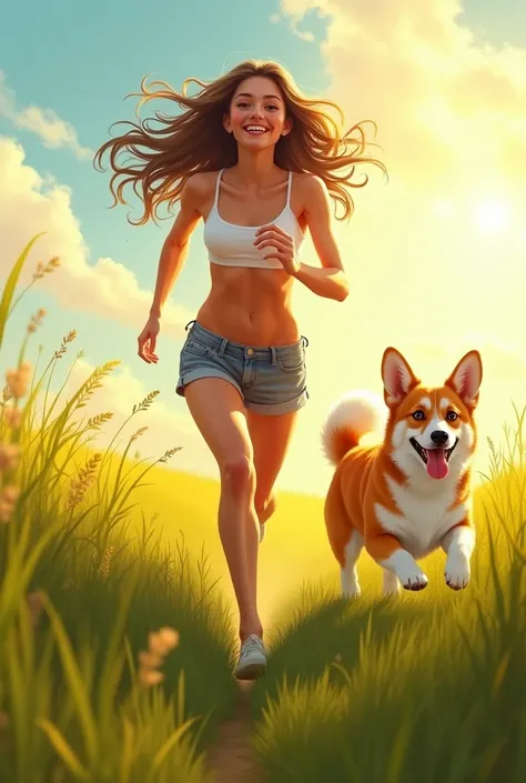 A 25 years girl runs across a summer field, a corgi is running after her, sunny weather