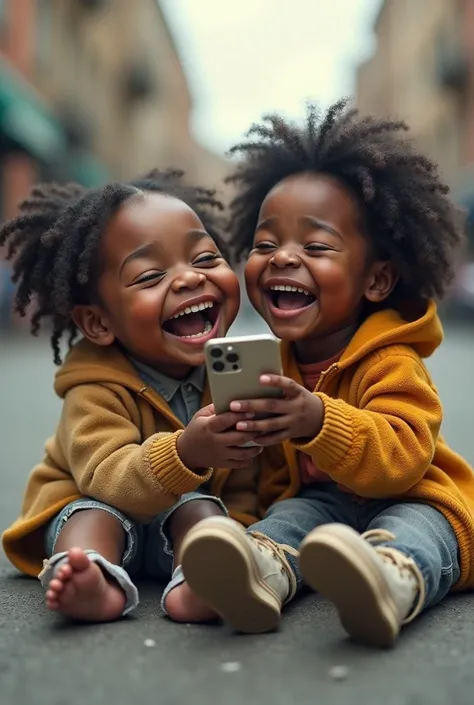 (photorealism:1.2), two too short black girl babies but having an old face laughing with no teeth wearing very large shouse sitting down while one holding iphone and their taking selfie all together in the streets