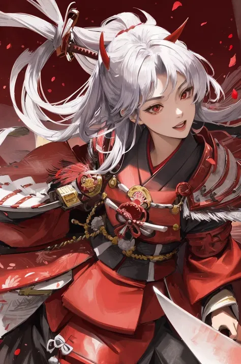 Official art, masterpiece, Sharp Focus, (Beautiful gorgeous cute Japan woman:1.3), Delicate Beautiful Hair and Eyes and Face, Realistic, Ultra-detailed, From below, Dramatic Lighting, Night, An ancient Japan town, bonfire, Red petals, Nice big hips, Smile ...