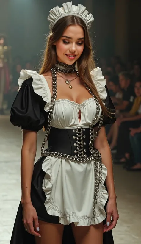 Young woman stands on the runway with chains and collar around her neck, The chain is pulled by the side，Happy expression，Maid costume，A portrait of Adrian Singer, shutter, free images, Angela White, large chain, Wear chains, , ruler, inhibition, rope, Sex...