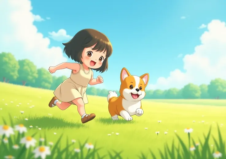 A short girl of 2 runs across a summer field, the girl has a short haircut, dark hair, small breasts, a corgi runs after her, a corgi without a tail, sunny weather