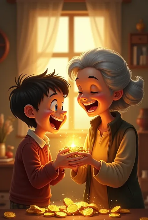 Jack and his mom are rejoicing with the gold coins
(let jack be young)
(Let Jacks mom be old)