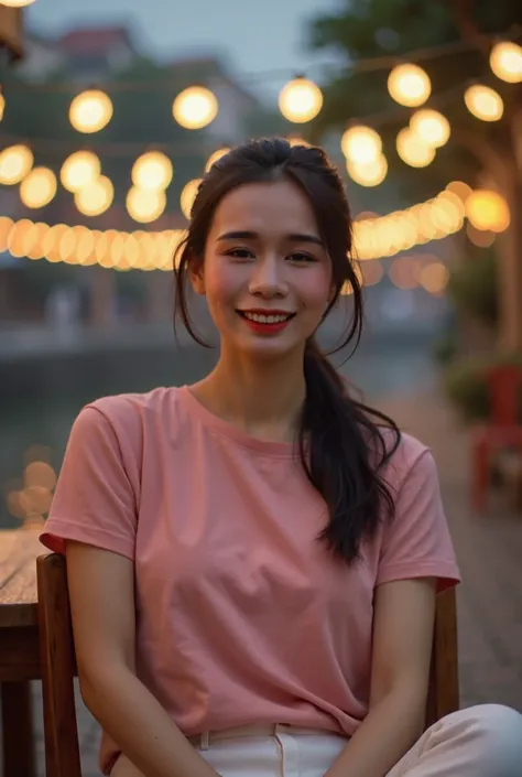 Half-body frontal photograph,Asian women,Tie your hair,smile,Wear a pink t-shirt and white pants.,Sit on a wooden chair,Riverside,At night,There are light bulbs all around.,In the city,Realistic movies,Real people