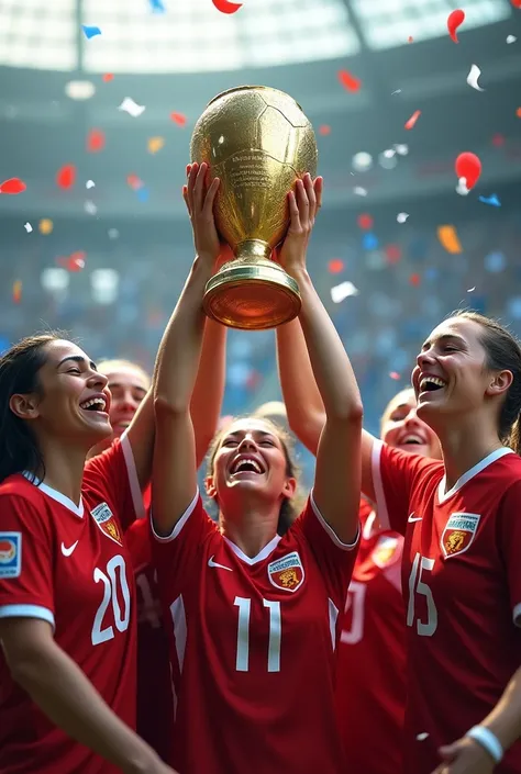 (photorealism:1.2), Post-Match Victory: A female soccer team lifting the championship trophy after a hard-fought victory. The players are ecstatic, drenched in sweat and emotion, with confetti and streamers falling from the sky in the stadium.