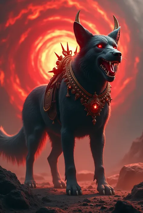 Hell dog, royal necklace, horns around head, with seddle, red flame