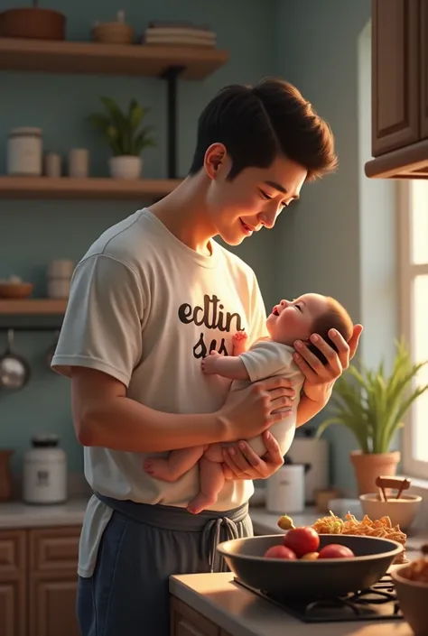 an Asian man aged 20 is holding a baby while cooking. You can see text that says "editin sis" on the shirt.