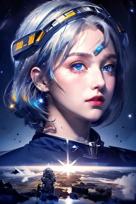 (A close-up of a masterpiece:1.5)0.9], (Space and astronauts:1.2) (Disheveled silver hair:1.1) (Heterochromia yellow eyes and blue eyes:1.2) (Space Helmet:1.0) (Colored stars in my eyes:1.0) (Shining Light:1.1) (Big Lips:0.9)