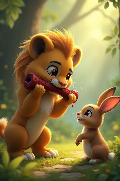 The image captures a tender moment between a young lion and a rabbit. The lion is playfully holding a bloody bone in its mouth, while the rabbit, with its ears perked up, seems to be observing the lions actions.
