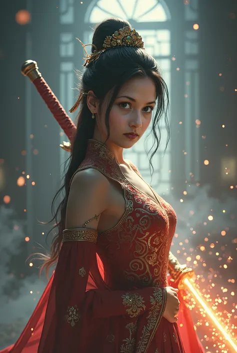 (looking up at viewer, facing viewer), digital art ilustration, depth of field, cinematic light, chiarosaurio, mist, particles, sparks,reflections, a female princess (Disney princess Mulan, Dilraba Dilmurat) wearing sexy chinese princess engraved dress hol...