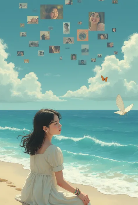 a picture that there was a girl that seated at the sand looking at the ocean make it a 9×16 picture but put the girl a the the left lower part and above the ocean is the sky that there has a lot of picture of a girl, it was more like her memories all kinds...