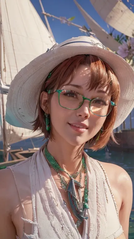 portrait, close-up, upper body. Short, red hair, green eyes, glasses with metal frames, wide-brimmed hat, green sarafan, smile, happy girl . (masterpiece, top quality, Best quality, official art, beautiful and aesthetically pleasing:1.2), extremely detaile...