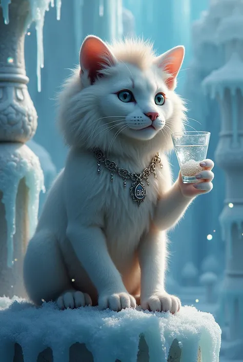 A cat wearing a lion&#39;s head and wearing a necklace that says &quot;add&quot; and sitting on an ice castle holding a vodka with &quot;add&quot; written on it.