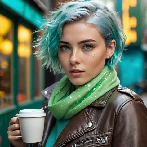 (((Woman, 20 years old, Nordic ethnicity, short blue hair))), ((perfect face, light freckles, Blue-Green eyes)), wearing a trendy leather jacket and a casual scarf. Surrounded by abstract coffee elements and musical notes. Her expression is mysterious, hin...