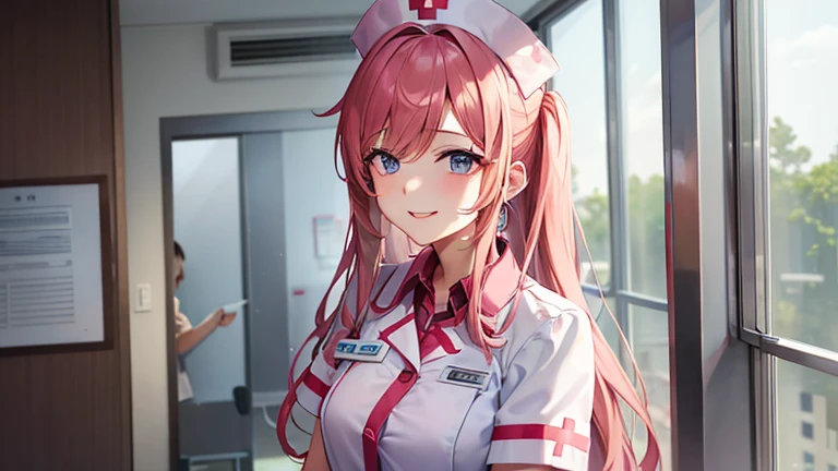 A nurse in a miling kindly at the patient、A sexy scene。The background is a corner of the hospital.、A composition in which the nurse&#39;s beautiful gestures bring out her mature charm。