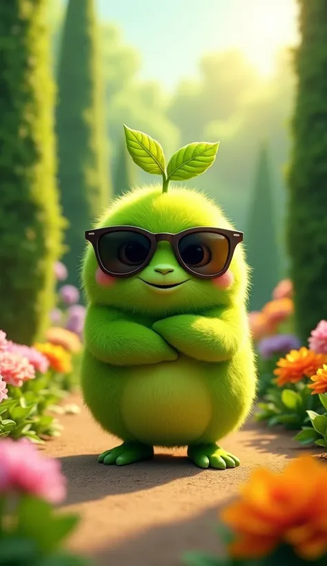 Create a cute, fuzzy green plant-like character with a round, soft body and two small leaves growing from its head. The character is wearing stylish sunglasses, adding a playful and cool vibe. Its standing confidently in a bright and colorful garden filled...