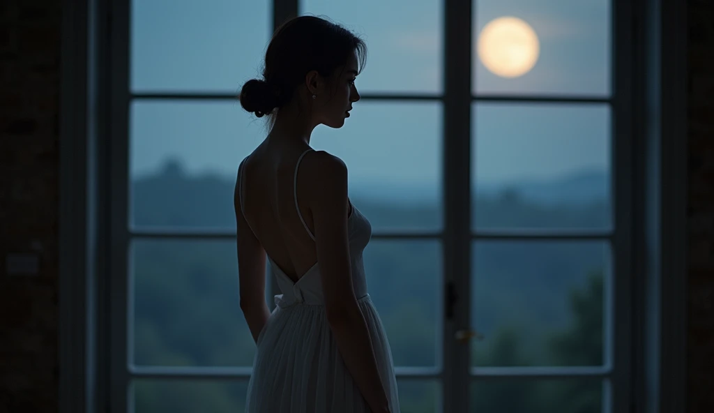 Girl in white sheer long dress, Body Fit Dress, The light was poured onto the girl in the shadows、, side, The quality of the details is excellent、, With the night view from the large window in the room as a background、. Soft Light、.