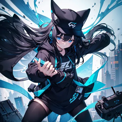 headphone、Long Hair, Black hoodie、tights、whole body、cool、Gamer、hat、"tobacco"、Black Hair、blue eyes、White innerwear、stand、Blue background
