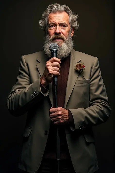 4k image of a standing traditional irish male singer with beard in his mid 60s on a transparent background. Whileholding a microphone