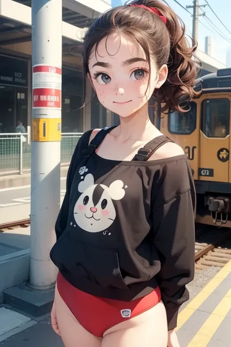 masterpiece，Best quality，Cute doodles，funny, Excellence，young ，baby face，Very short stature, flat chest，thin thighs，curly hair, double ponytail，Bright, curious eyes，freckles，thick eyebrows，open front sight，Waiting for a train in front of a small station，Jo...