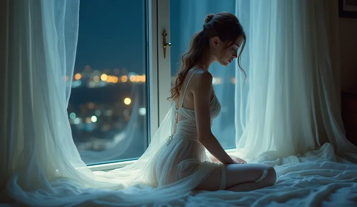 Girl in white sheer long dress, Body Fit Dress, The light was poured onto the girl in the shadows、, side, The quality of the details is excellent、, With the night view from the large window in the room as a background、. Soft Light