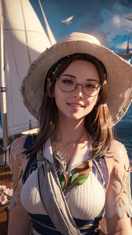 portrait, close-up, upper body. Short, red hair, green eyes, glasses with metal frames, wide-brimmed hat, green sarafan, smile, happy girl . (masterpiece, top quality, Best quality, official art, beautiful and aesthetically pleasing:1.2), extremely detaile...