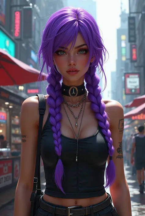 1 woman, purple hair, twin braids, street vendor, cyberpunk