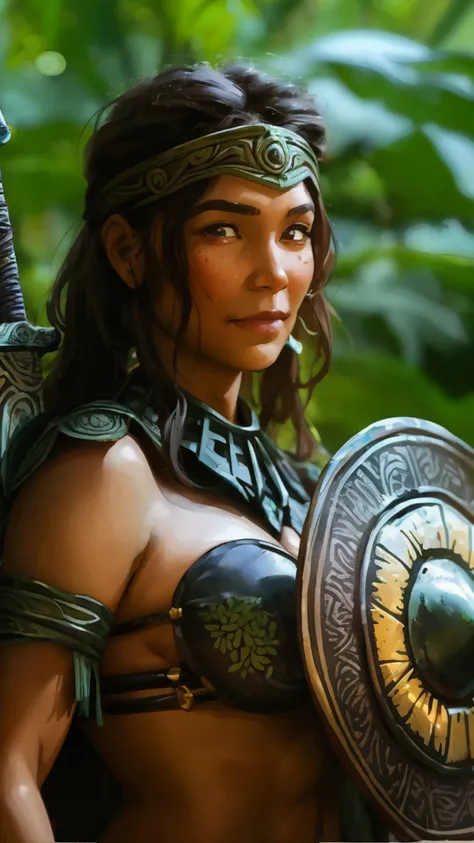 in the jungle, An Amazon with curves, very strong, friendly, brave. In one hand he has a sword, and on the other a round shield. She smiles at us inviting us to join her in living a thousand and one adventures with her..