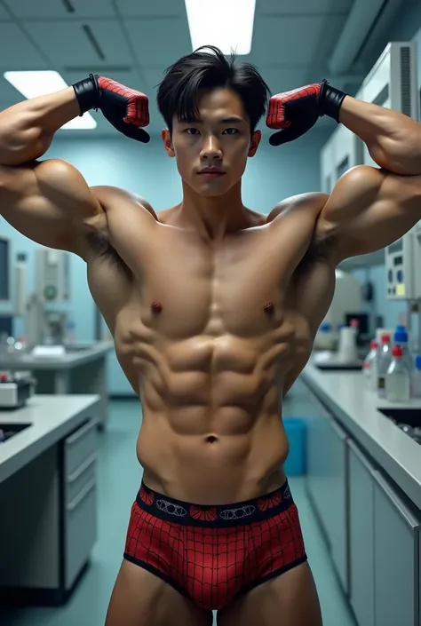 Handsome Asian teen model, double biceps front pose, muscular, sweaty, laboratory experiment room, sexy, Korean, Japanese, Chinese, bulging, sweaty, hot, realistic, black hair, perfect Asian male face, Spiderman patterned underwear, Spiderman socks and glo...