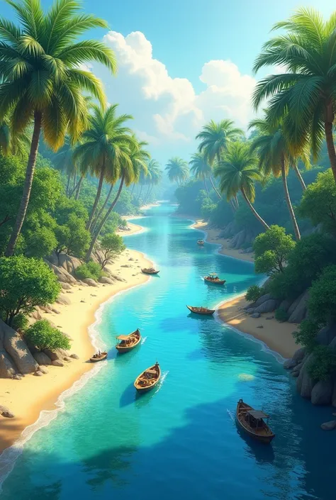 Beautiful blue river with greenry on one side and sand on another,boats , palm trees