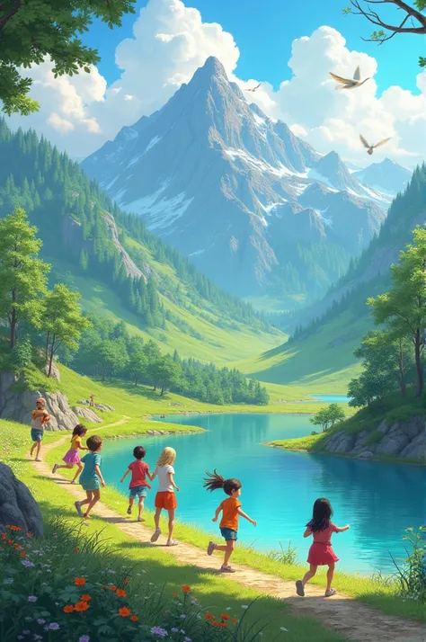 Create a picture of children playing on a beautiful green mountain with a nearby lake