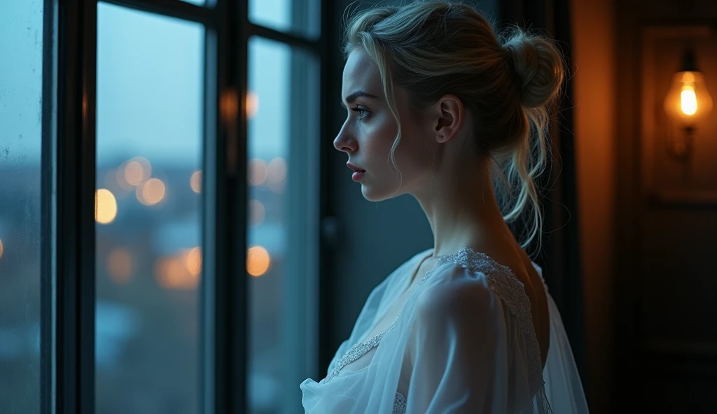 Russian girl in white sheer long dress, Body Fit Dress, The light was poured onto the girl in the shadows、, side, The quality of the details is excellent、, With the night view from the large window in the room as a background、. Soft Light