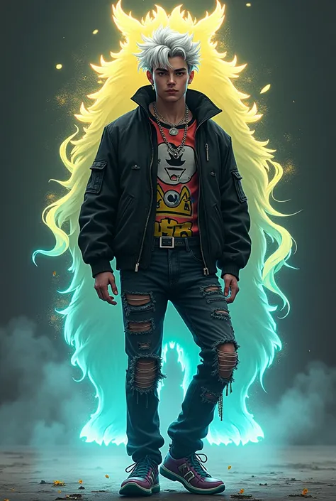 Teenage man with white hair and black open jacket,and with a stylish misfit belt with the DJ Marshmallow print on his shirt and anime style jeans with a spirit glowing in yellow and blue energy the spirit of the beast raiju