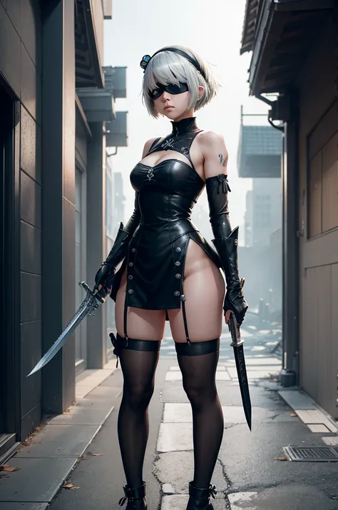 Anime girl standing with sword and gun in moonlit city, 2b, 2b ..., 2b Nier automata, Nier 2b ..., film still of 2b Nier automata, Nier : Inspired by automata, Nier:Inspired by automata, Nier inspired, 2b ... from Nier automata, 2b from Nier automata, Nier...