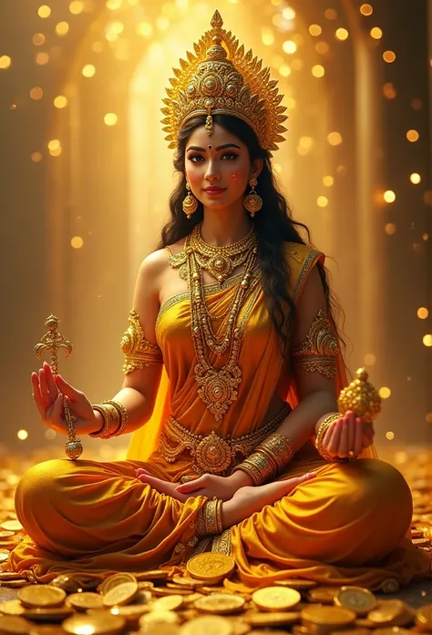 A highly realistic and luxurious depiction of Goddess Lakshmi, the goddess of wealth and prosperity. She is adorned in opulent gold and rich, intricate garments that gleam with a glass shine effect, adding a touch of elegance and luxury. Her beauty is acce...