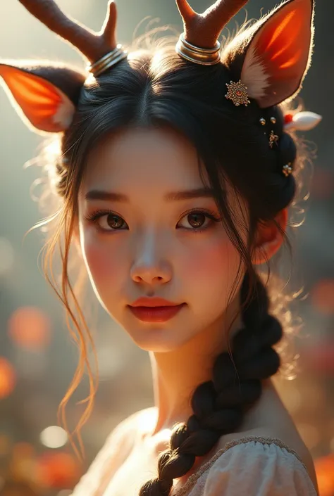 1girl, solo, studio shot, beautiful, arena, (((portrait))), horns, deer ears, looking at viewer, smiling, flushed cheeks, hairpin, ((braided hair)), hair accessories, ((hair clips)), best quality, 4k, 8k, highres, masterpiece:1.2, ultra-detailed, realistic...