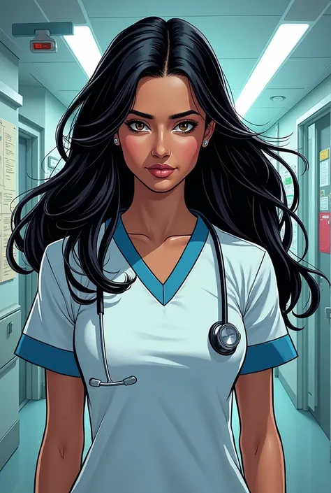 A nurse named Ashley gomez that has black long hair  comics 