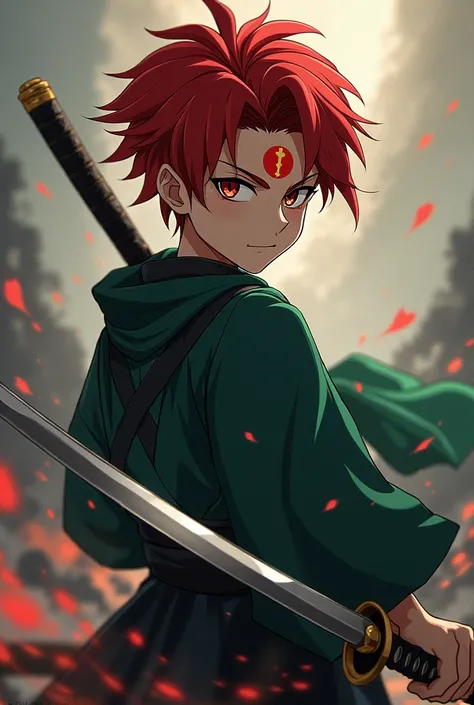 Anime boy, beautiful eyes, red hair, holding a katana from ashes of sun is coming, wearing green and black kimono, red mark on the head