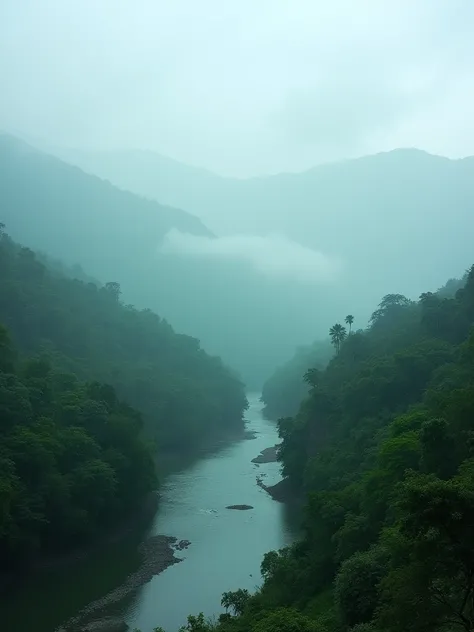 A breathtaking view of Dehradun enveloped in thick fog during the monsoon season, with lush green hills in the background and the serene river flowing through the city. Camera Settings: Aperture f/5.6, Shutter Speed 1/200s, ISO 200, Manual Focus at infinit...