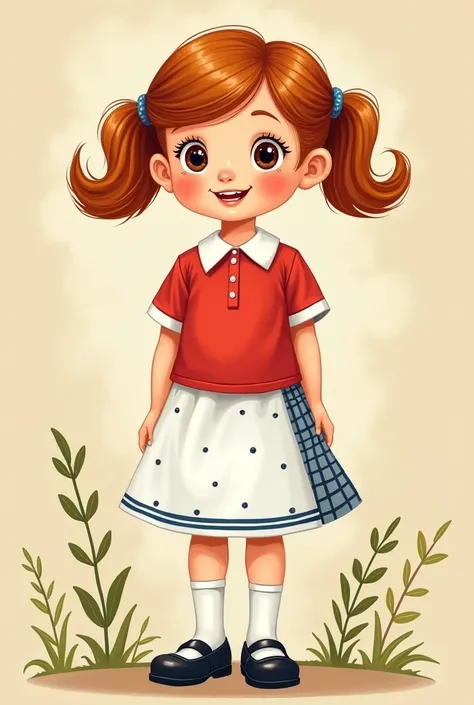 Girl in school uniform Red polo shirt White collar and white sleeve edging with White knee-length skirt White skirt with Blue stripes and small grey checks with white White stockings Black shoes 70s cartoon