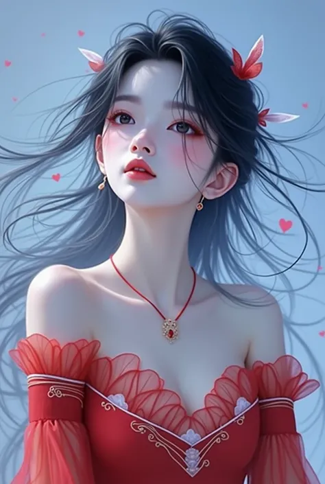  Beautiful Asian woman fantasy girl with long hair wearing a red dress and white top, a photorealistic painting inspired by Wang Yuanqi, trends in cg society, aestheticism, portrait of female korean idol, popular korean makeup, ulzzang