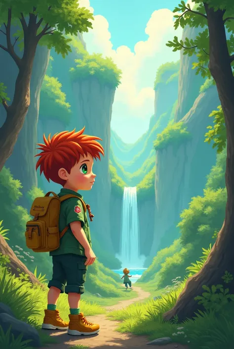 Young boy, reddish hair,green scout clothes, green backpack, yellow shoes, green eyes, no background, looking over a beautiful scenery magical land facing back, less realistic, less shading, more detailed shoes,more 2d,
